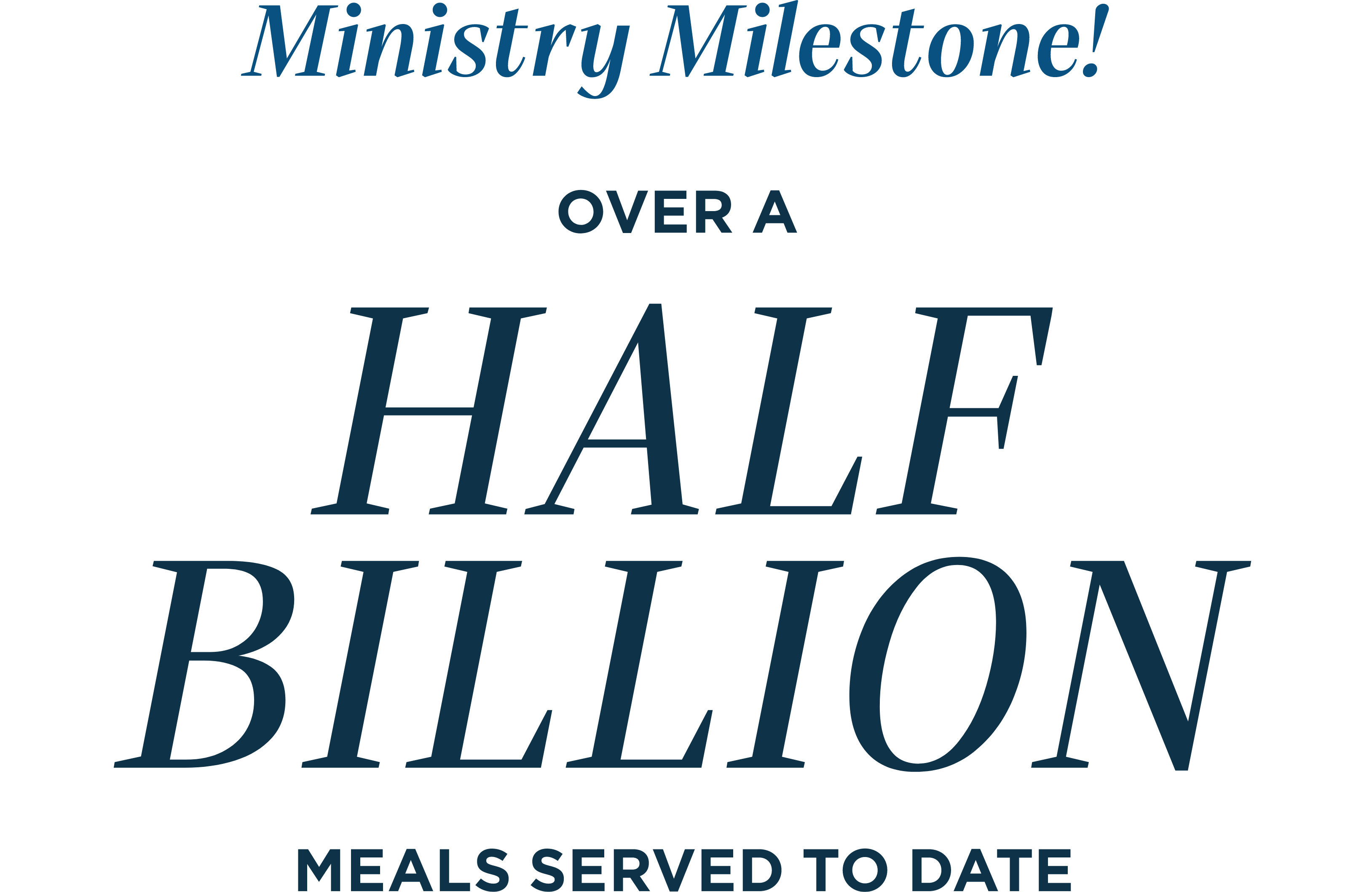 The image is a plain white background with blue text that reads "Ministry Milestone! Over a Half Billion Meals Served to Date".