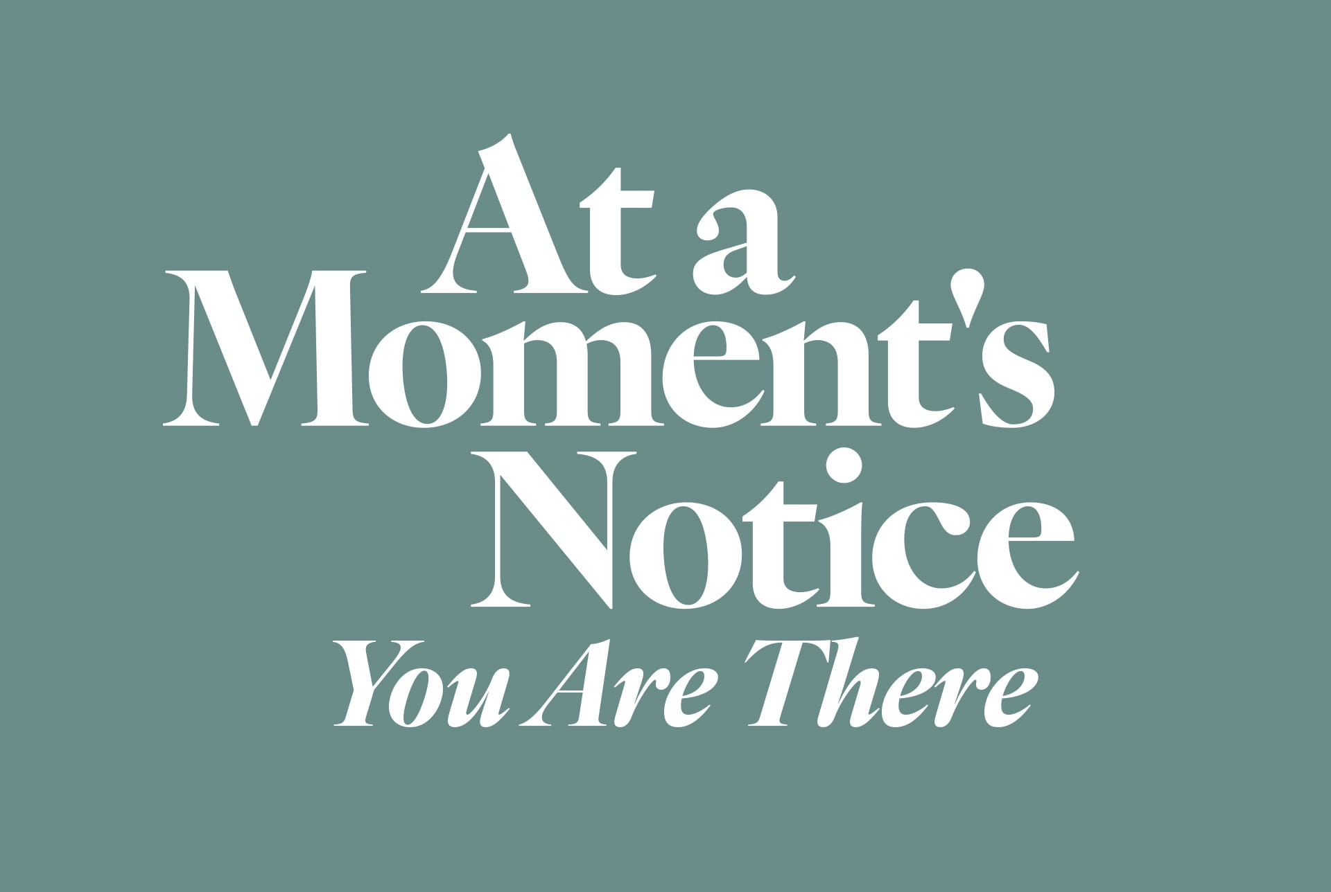 The image is a plain green background with white text that reads "At a Moment's Notice You Are There"