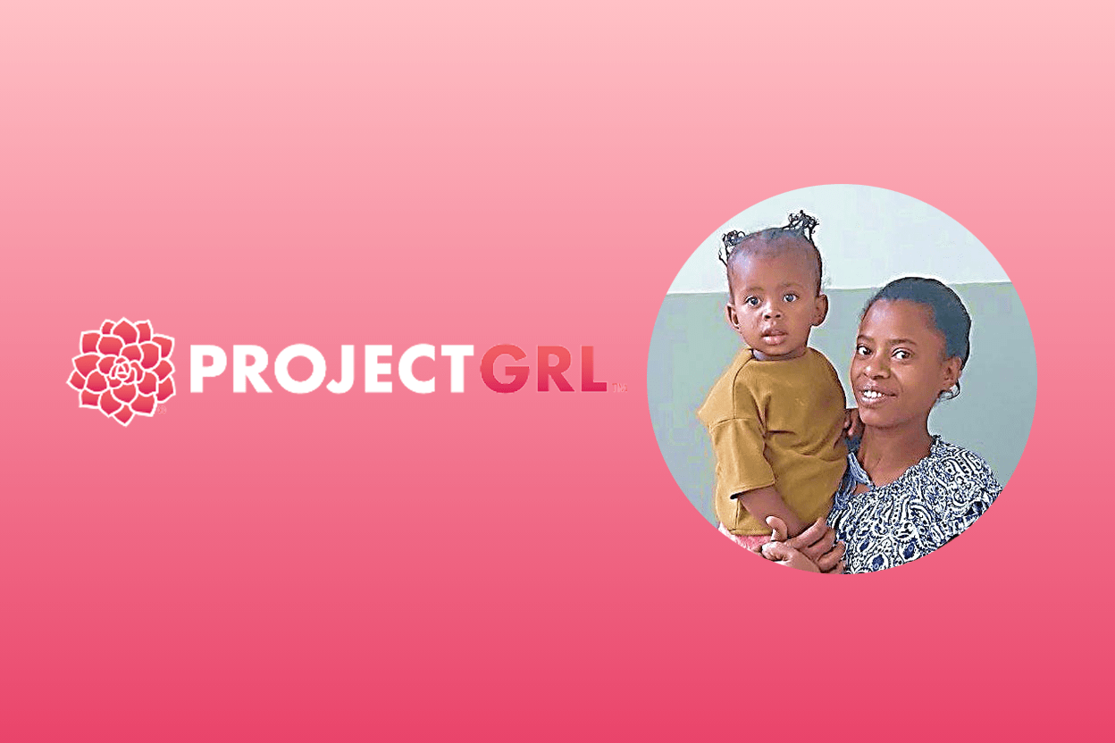 PROJECT GRL logo on a pink background with a circular inset of a smiling woman holding a young child.